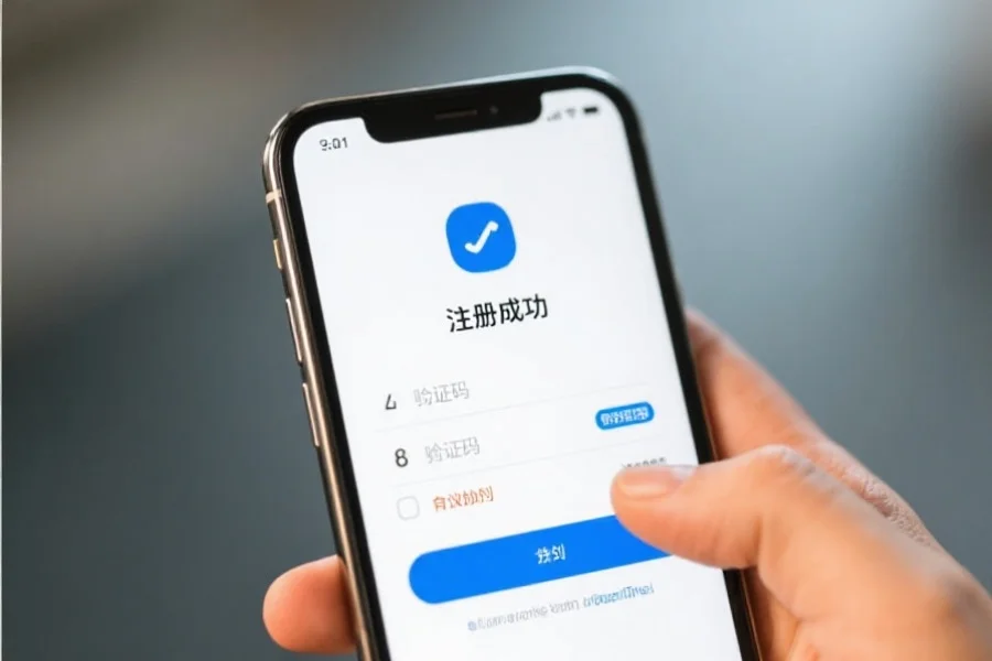 用户在手机上输入验证码并勾选同意协议,屏幕上显示注册成功提示